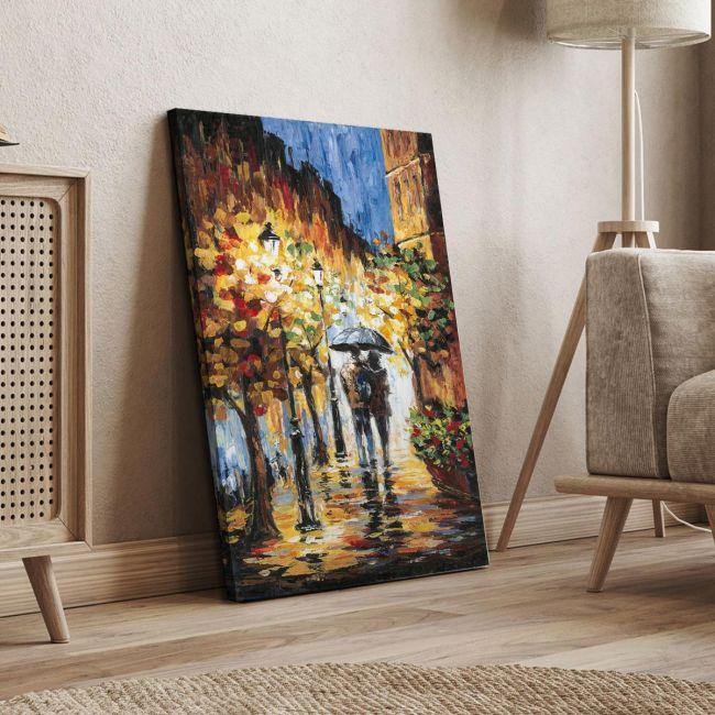 Canvas print Couple rain walk