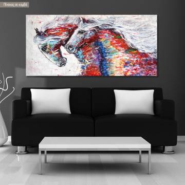 Canvas print Running horses in abstract colors, panoramic