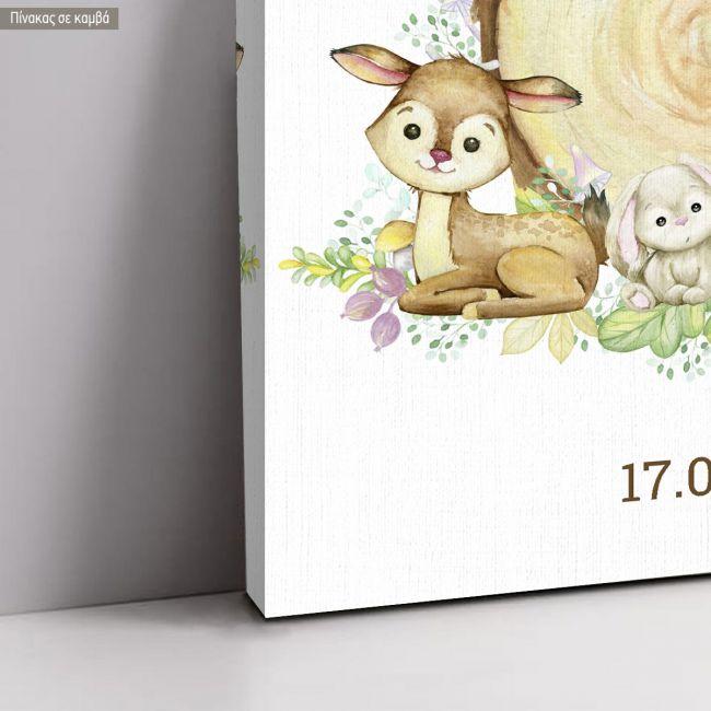 Πίνακας σε καμβά υποδοχής βάπτισης, Ζωάκια του δάσους σε κορμό, ζωγραφιστά