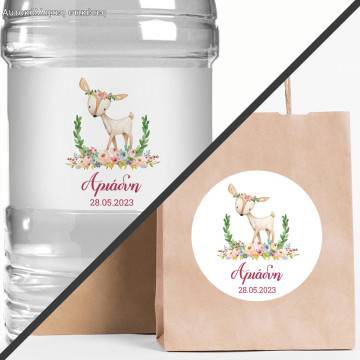 Sticker label Deer flowers watercolor