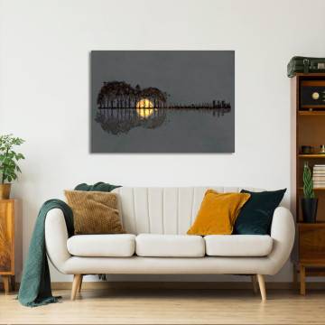 Canvas painting Guitar nature, Fantasy. Surreal forest with full moon reflection, forming a guitar shape. 2