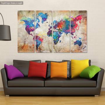 Πίνακας σε καμβά World map, grunge splash τετράπτυχος