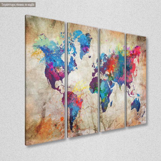 Canvas print World map, grunge splash four panels