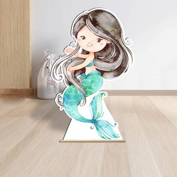 Wooden decorative figure printedWatercolor Mermaid artdark hair