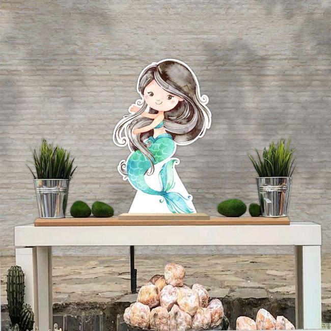 Wooden decorative figure printedWatercolor Mermaid artdark hair
