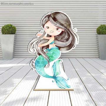 Wooden decorative figure printedWatercolor Mermaid artdark hair 2
