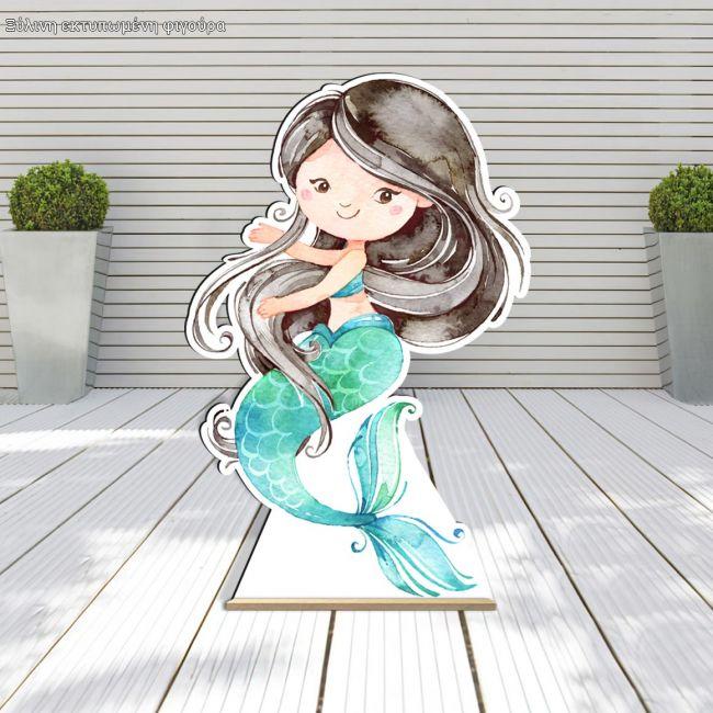 Wooden decorative figure printedWatercolor Mermaid artdark hair