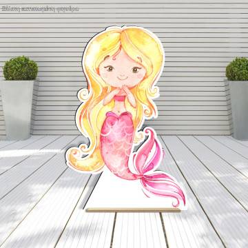Wooden decorative figure printedWatercolor Mermaid artblonde hair