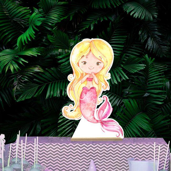 Wooden decorative figure printedWatercolor Mermaid artblonde hair