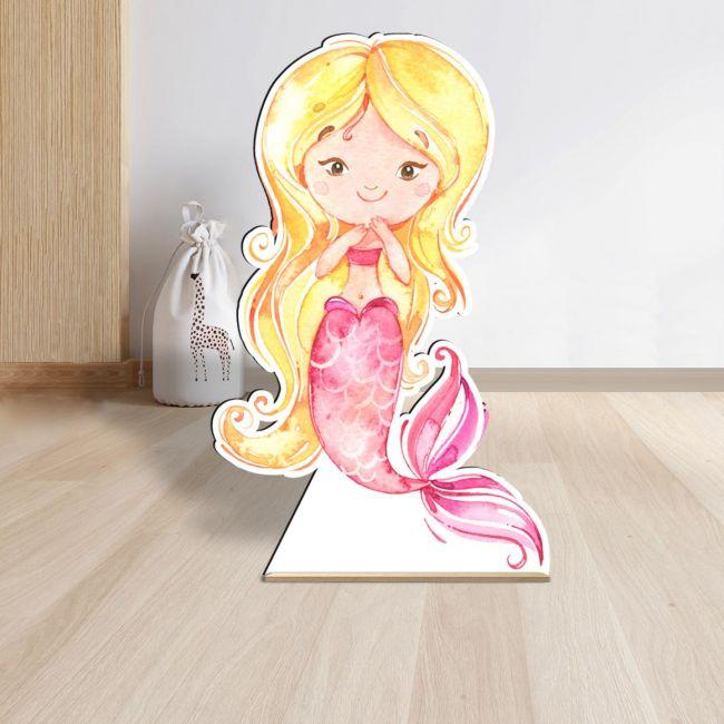 Wooden decorative figure printedWatercolor Mermaid artblonde hair