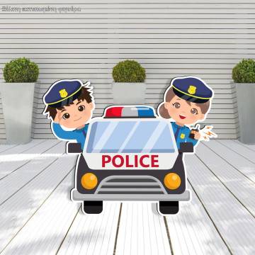 Wooden figure printed police car with boy and girl