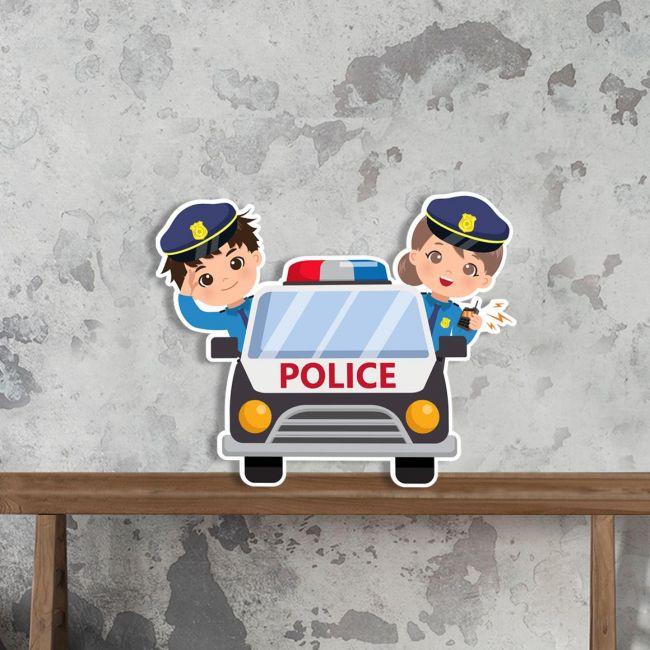 Wooden figure printed police car with boy and girl
