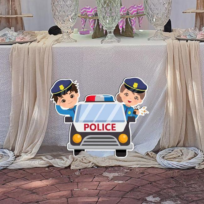 Wooden figure printed police car with boy and girl