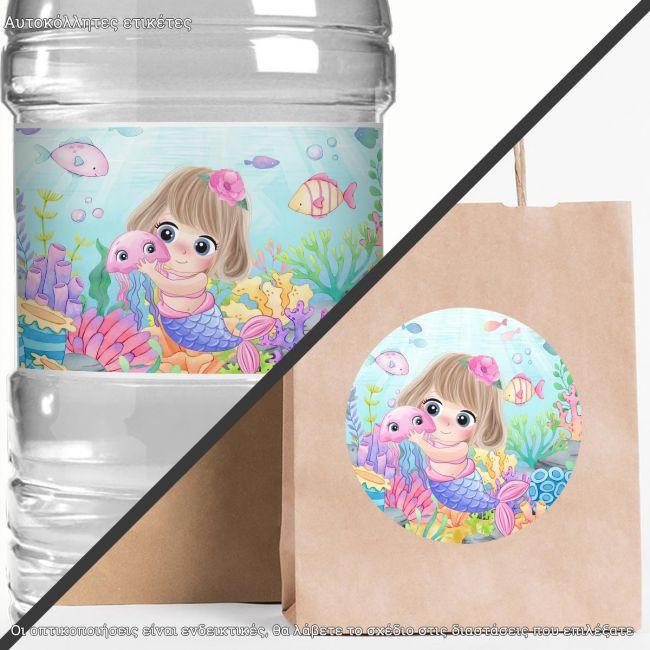 Sticker label Baby mermaid and jellyfish