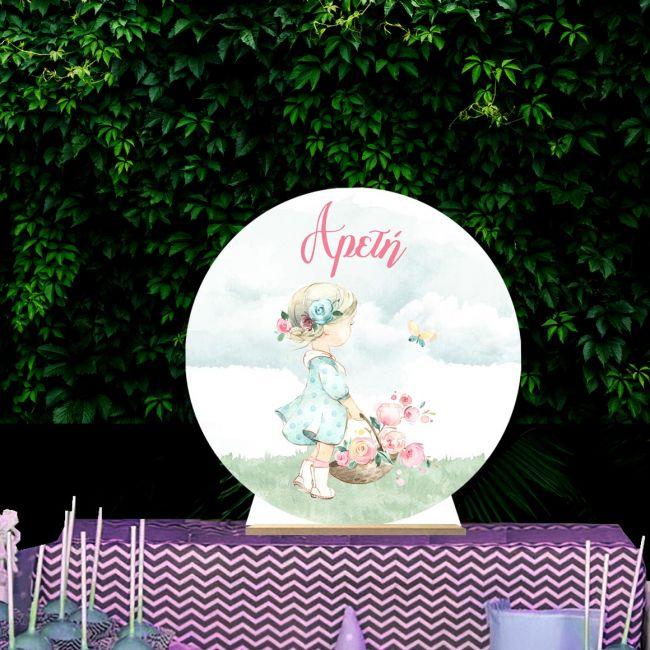 Wooden printed sign, Girl with basket vintage