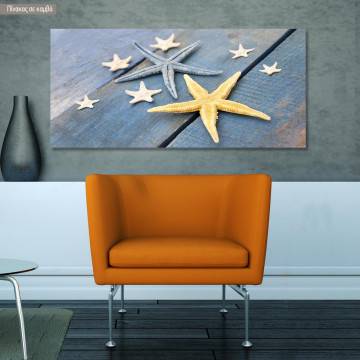 Canvas print Group stars on blue wood, panoramic