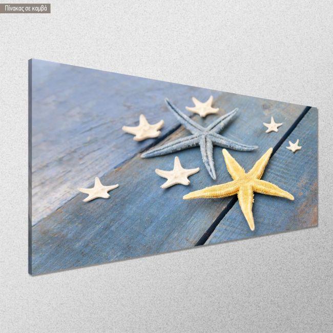 Πίνακας σε καμβά Group stars on blue wood, πανοραμικός
