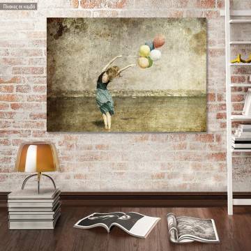 Πίνακας σε καμβά Κορίτσι με μπαλόνια, Redhead girl with colour balloons at coast