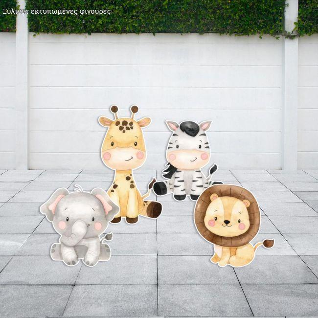 Wooden figures printed cute savanna sitting animals