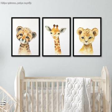 Little Africa, Little tiger, Giraffe, Lion, 3 panels