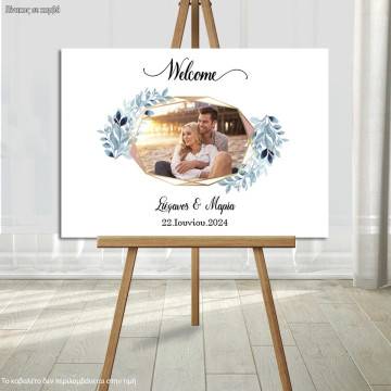 Canvas print Wedding welcome Wishes board Geometric frame, floral blue with photo