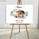 Canvas print Wedding welcome Wishes board Geometric frame, floral blue with photo