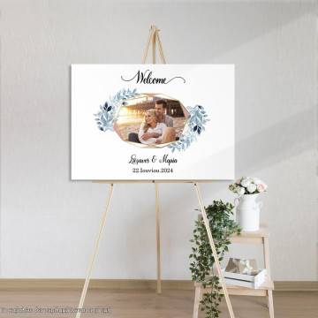 Canvas print Wedding welcome Wishes board Geometric frame, floral blue with photo 2