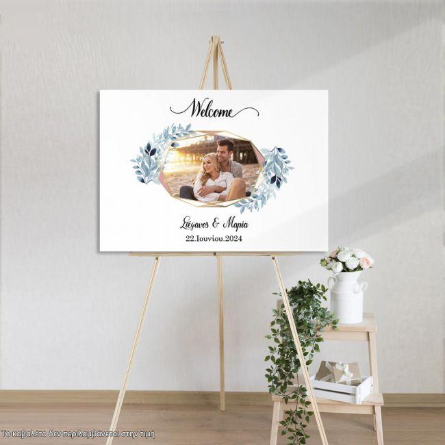 Canvas print Wedding welcome Wishes board Geometric frame, floral blue with photo