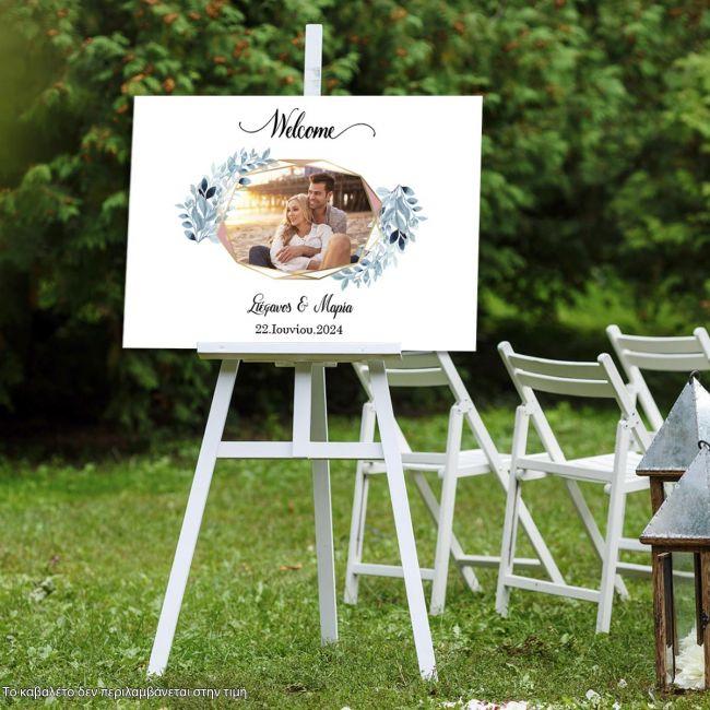 Canvas print Wedding welcome Wishes board Geometric frame, floral blue with photo