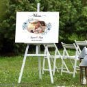 Canvas print Wedding welcome Wishes board Geometric frame, floral blue with photo