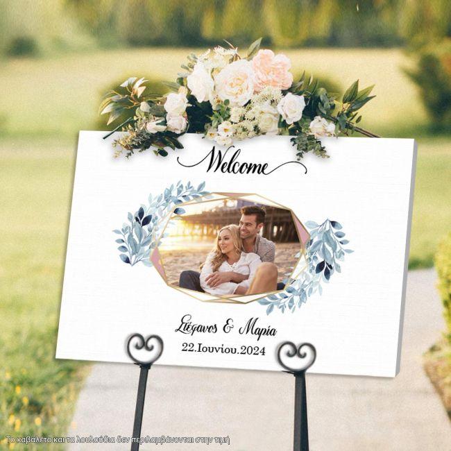 Canvas print Wedding welcome Wishes board Geometric frame, floral blue with photo