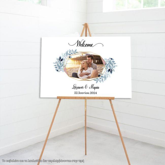 Canvas print Wedding welcome Wishes board Geometric frame, floral blue with photo