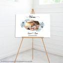 Canvas print Wedding welcome Wishes board Geometric frame, floral blue with photo
