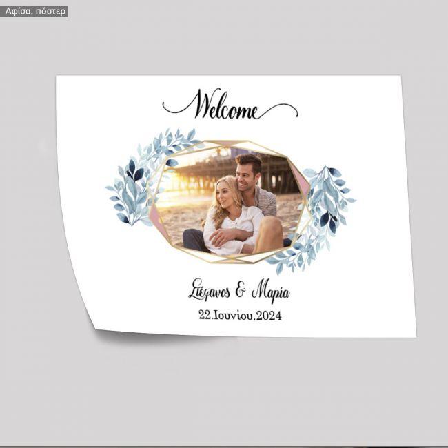 Canvas print Wedding welcome Wishes board Geometric frame, floral blue with photo