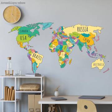Kids wall stickers map with country names, English