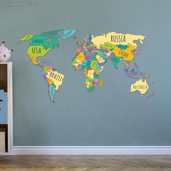Kids wall stickers map with country names, English