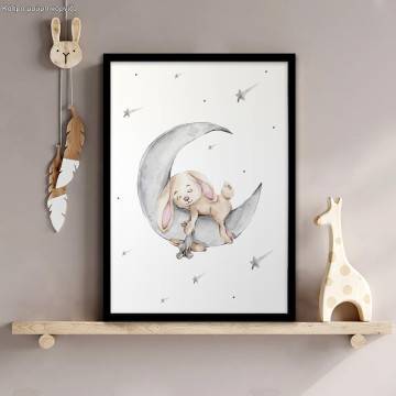 Cute bunny sleeping on the grey moon, poster