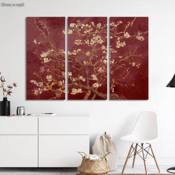 Canvas print Blossoming almond tree (red), Vincent van Gogh, 3 panels