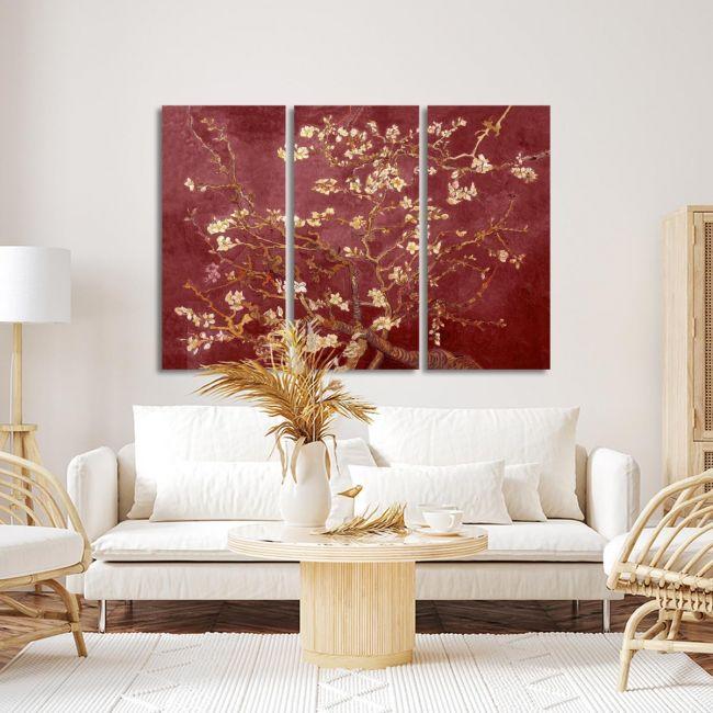 Canvas print Blossoming almond tree (red), Vincent van Gogh, 3 panels