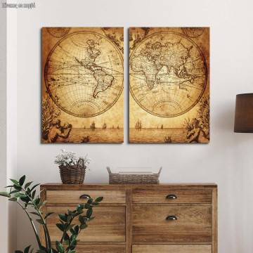 Canvas print Vintage world map 1733, two panels