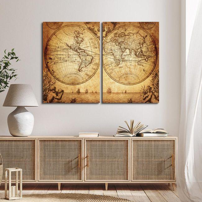 Πίνακας σε καμβά Vintage world map 1733, δίπτυχος 2