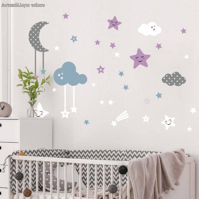 Kids wall stickers Cute bunny sleeping on the grey moon