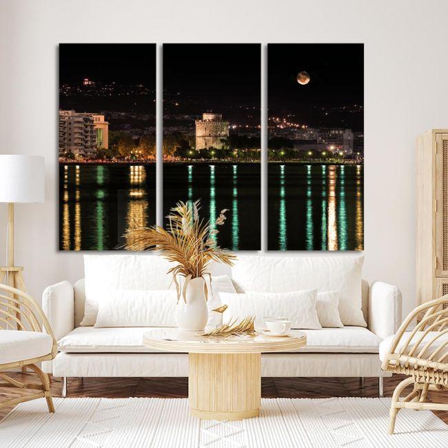Canvas print Thessaloniki with full moon,3 panels