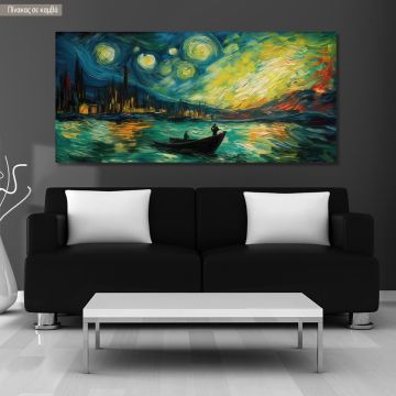 Canvas print Boat in starry night, panoramic