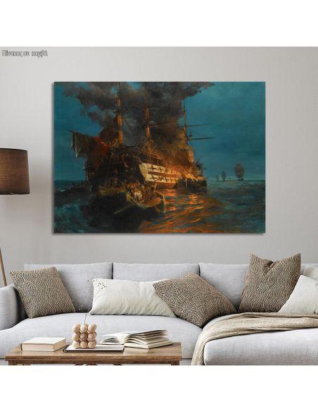 Canvas print Burning Turkish frigate, Volanakis