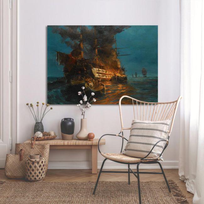 Canvas print Burning Turkish frigate, Volanakis