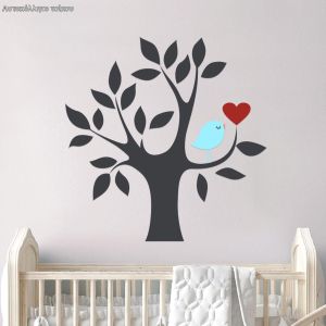 Αυτοκόλλητο τοίχου Δέντρο, καρδιά και πουλί, γκρι μπλε