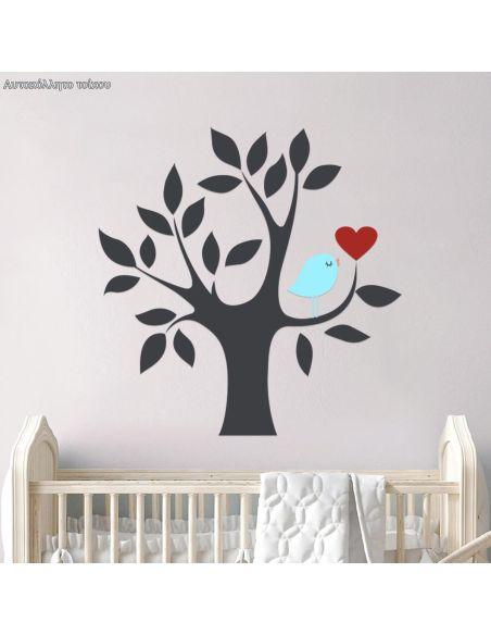 Αυτοκόλλητο τοίχου Δέντρο, καρδιά και πουλί, γκρι μπλε