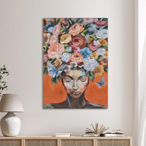 Πίνακας σε καμβά, Flowered woman on orange