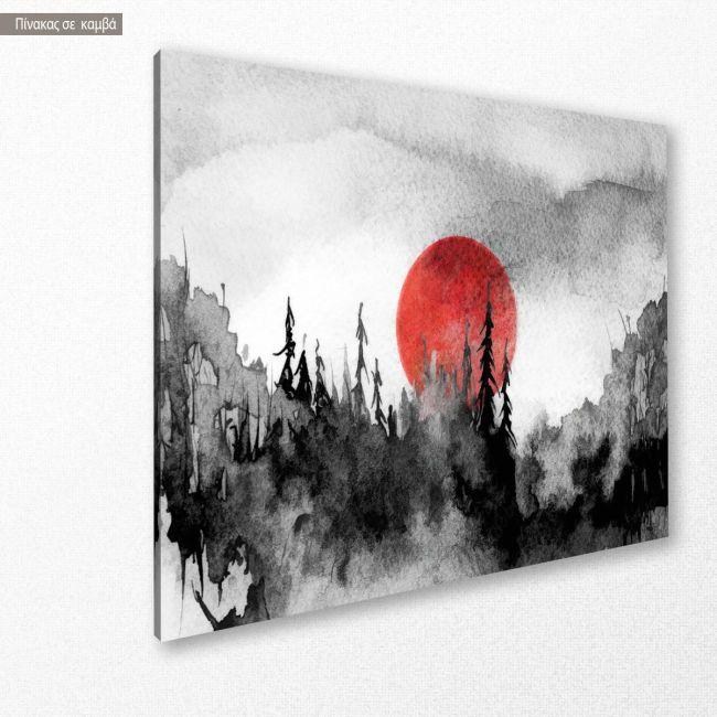 Πίνακας σε καμβά Black forest, red sun watercolour